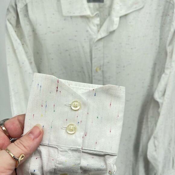 Thomas Dean Mens Button Up Shirt Multicolor Speckled Long Sleeve White Large - Picture 11 of 13